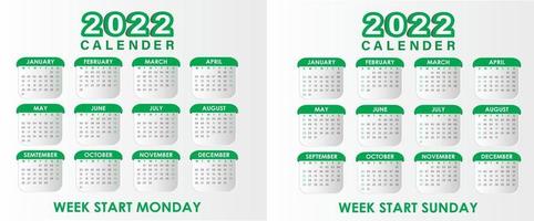 calendario 2022 vettore verde