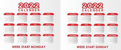calendario 2022 vettore rosso