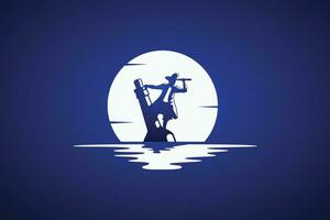 bottiglia messaggero logo con il silhouette di un' marinaio galleggiante su un' bottiglia nel il oceano. vettore