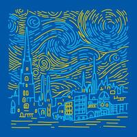 raggiante giallo stelle e blu cielo con città. astratto lineare sfondo. vettore modello nel il stile di impressionista quadri.