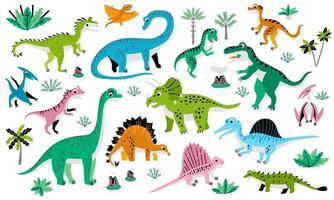 poster infantile con simpatico set di dinosauri piatti vettore