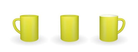 set di tazza gialla realistica su sfondo bianco. rendering 3D. vettore