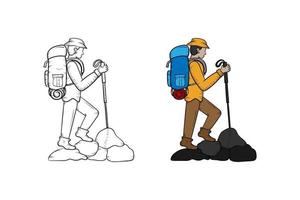 schizzo e colore dell'illustrazione disegnata a mano di escursionismo vettore