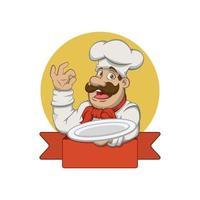 personaggio dello chef dei cartoni animati che tiene piatto sul logo della mascotte della mano sinistra vettore