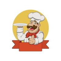 personaggio dello chef dei cartoni animati che tiene piatto sul logo della mascotte della mano destra vettore