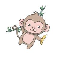 simpatico cartone animato scimmia appesa con banana vettore