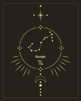 Magia astrologia manifesto con scorpione costellazione, tarocco carta. d'oro design su un' nero sfondo. verticale illustrazione, vettore