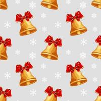 senza soluzione di continuità modello, Natale d'oro campane con rosso fiocchi su il sfondo di fiocchi di neve. tessile, Natale Stampa, vettore