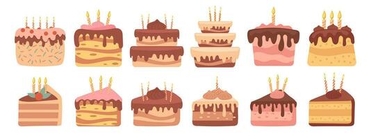 delizioso dolci, pasticcini, cupcakes, compleanno torte con vacanza candele. impostato di colorato compleanno torte. vettore