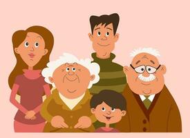 ritratto di un' contento famiglia, madre, padre, figlio, nonni. cartone animato illustrazione nel piatto stile, vettore