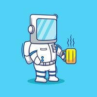 piatto vettore astronout bevanda caffè cartone animato portafortuna illustrazione. scienza e tecnologia concetto