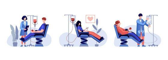 personaggio volontari la donazione sangue seduta nel sedie nel ospedale vettore