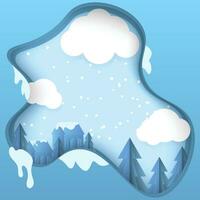 papercut stile inverno vettore illustrazione con nuvole, alberi, e case