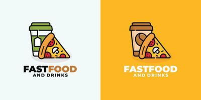 Pizza e bevanda veloce cibo logo design vettore