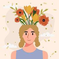 piatto design vettore illustrazione concetto di donna con fiori nel sua testa.