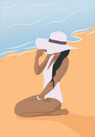 ragazza nel un' cappello su il spiaggia. ragazza su il spiaggia. il ragazza a il mare. un' donna nel un' costume da bagno. estate vettore illustrazione