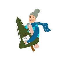 divertimento vecchio donna Tenere regali per il suo famiglia e un' nuovo anno albero. vettore piatto cartone animato illustrazione su bianca sfondo.