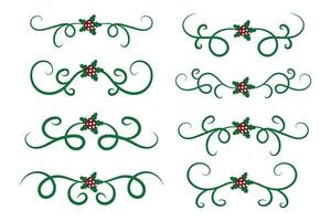 Natale fiorisce turbinii divisori Linee decorativo elementi, Vintage ▾ calligrafia scorrere allegro Natale testo divisore filigrana elegante, inverno agrifoglio intestazioni fantasia separatore verde pagina arredamento vettore