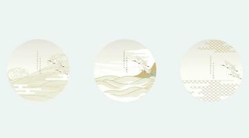 giapponese sfondo con mano disegnato linea onda modello vettore. astratto modello con geometrico modello. montagna paesaggio e gru uccelli icona design nel orientale stile. vettore