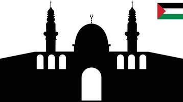 Palestina al aqsa moschea con bandiera, composto nel il città di Gerusalemme o al quds nel Arabo simbolo silhouette design. Masjid al-aqsa per logo, piatto nero icona, saluto carta bandiera vettore. vettore