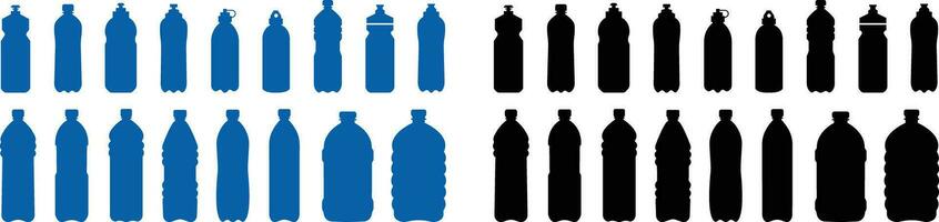 plastica bottiglia nero o blu icona impostare. vettore piatto stile cartello . contenitore acqua bottiglia per sport. naturale e salutare stile di vita concetto acqua in bottiglia contenitore liquido