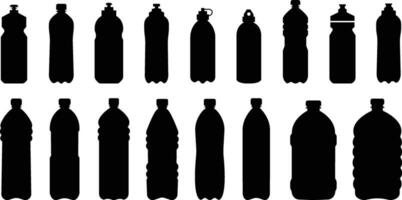 plastica bottiglia nero icona impostare. vettore piatto stile cartello contenitore acqua bottiglia per sport. naturale e salutare stile di vita concetto acqua in bottiglia contenitore liquido