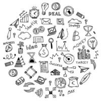 scarabocchio attività commerciale icone impostato nel cerchio concetto. lampada idea, obbiettivo, nube, i soldi pianta, orologio, carta Piano, schemi, piramidi, scritte, frecce, lampada, i soldi albero, monete. vettore illustrazione