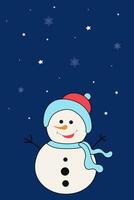 carino divertente pupazzo di neve su un' buio sfondo con bianca fiocchi di neve. cartolina, striscione, illustrazione. vettore