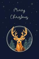 bellissimo accogliente Natale carta raffigurante un' renna nel un' inverno foresta. su un' Marina Militare sfondo con il lettering allegro Natale. vettore. vettore