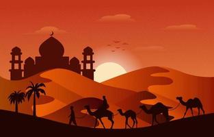 tramonto arabo deserto cammello carovana musulmana cultura islamica illustrazione vettore