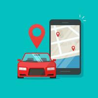 urbano trasporto come automobile veicolo condivisione App su cellulare o mobile Telefono vettore illustrazione, piatto cartone animato smartphone e città carta geografica e perno puntatori con macchine affitto luoghi, Internet Taxi