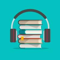 Audio libri con cuffie concetto vettore illustrazione, piatto cartone animato cuffia con libri pila, idea di Podcast o elettronico apprendimento Immagine