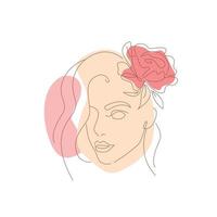 volto astratto di giovane donna con fiore, illustrazione lineare vettore