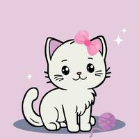 poco carino gatto cartone animato personaggio con rosa arco. vettore illustrazione
