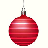 festivo luminosa rosso palla con bianca strisce per Natale albero decorazione. vettore