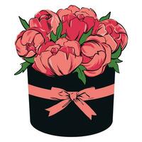 bellissimo mazzo di peonie nel un' nero scatola. elegante floreale design per Congratulazioni per un' donna. rosa peonie su un' bianca sfondo. moda vettore illustrazione.