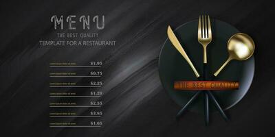realistico 3d d'oro forchetta e cucchiaio su un' nero grunge sfondo. alla moda moderno manifesto per un' ristorante. superiore Visualizza vettore illustrazione.