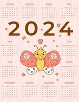calendario 2024 carino innamorato farfalla su rosa sfondo. vettore verticale modello 12 mesi nel inglese. settimana inizia su lunedì. bambini collezione. Stazionario, stampa, organizzatore