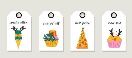 vettore impostato di sconto prezzo tag. etichette con Natale impostato carino cibo Pizza, ghiaccio crema, cupcakes decorato. modello per shopping tag. Natale saldi.