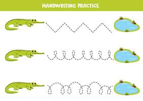 tracciato Linee per bambini. carino gaviale e acqua stagno. grafia la pratica. vettore