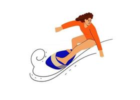 donna carina che fa surf navigando sulle onde vettore