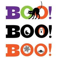 grafica di halloween boo con gatto nero, fantasma, ragno, ragnatela, uccello vettore