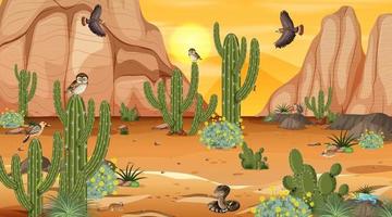 paesaggio della foresta del deserto al tramonto con animali e piante del deserto vettore