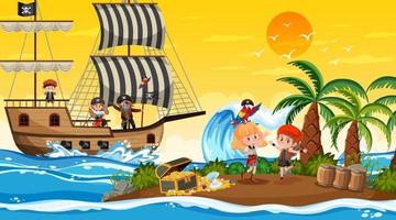 scena dell'isola del tesoro al tramonto con bambini pirata vettore