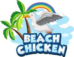 personaggio dei cartoni animati dell'uccello del gabbiano con l'insegna del carattere del pollo della spiaggia isolata vettore