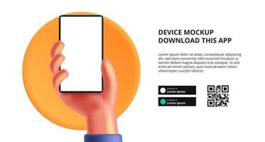 simpatico mockup di telefono con mano 3d scarica questa app vettore