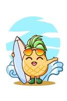 simpatico ananas con tavola da surf in estate fumetto illustrazione vettore