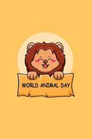 leone carino con illustrazione del fumetto del testo della giornata mondiale degli animali vettore
