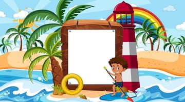 modello di banner vuoto con i bambini in vacanza sulla scena diurna della spiaggia vettore