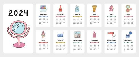 carino calendario modello per 2024 anno con creativo scarabocchi di bellezza cura. calendario griglia con settimane inizia su Lunedi per bambini asilo, aziendale ufficio. verticale mensile calandra disposizione per pianificazione. vettore